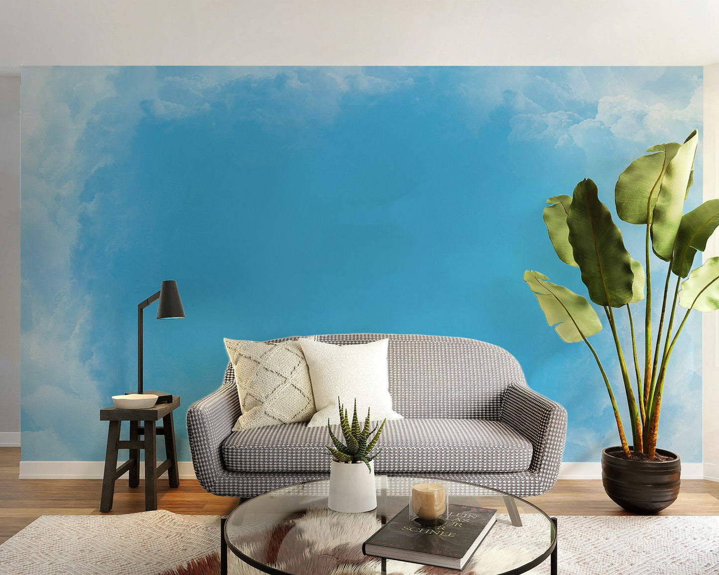 Light blue cloudscape wall mural with airy watercolor wallpaper effect.