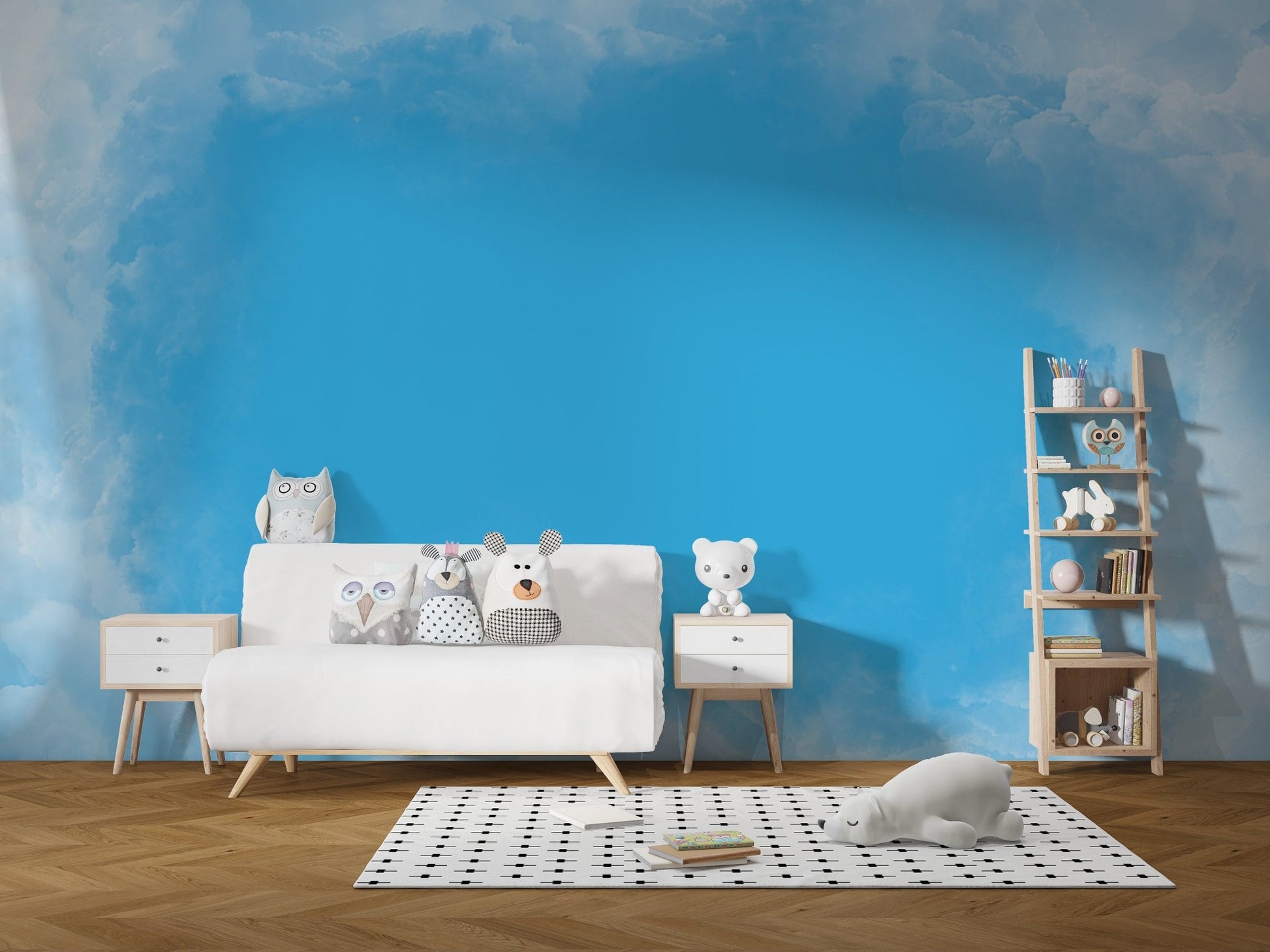 Serene blue atmosphere wallpaper mural with airy cloud design.