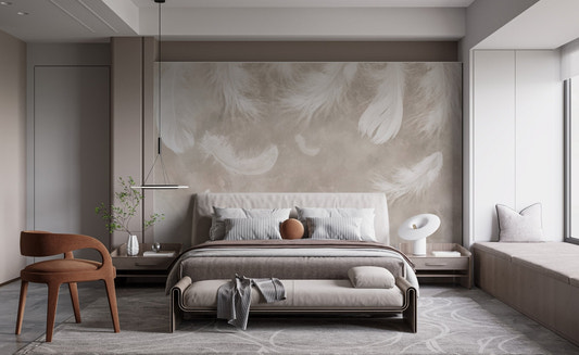 Ethereal feather drift wall mural in soft beige tones.