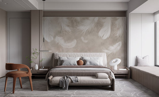 Ethereal feather drift wall mural in soft beige tones.