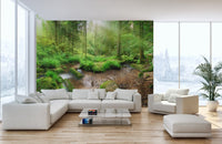 Forest landscape wall mural with a white heron behind a white sectional sofa.