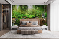 Ethereal Heron in Green Paradise Murals as a bedroom feature wall with wood accents.