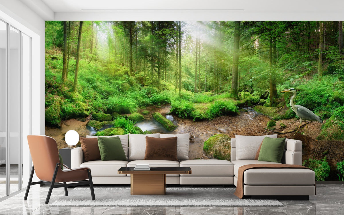 Green forest wall mural in a minimalist living room with a grey sofa and armchair.