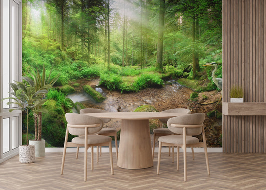 Ethereal Heron in Green Paradise Murals in a modern dining room with wooden furniture.