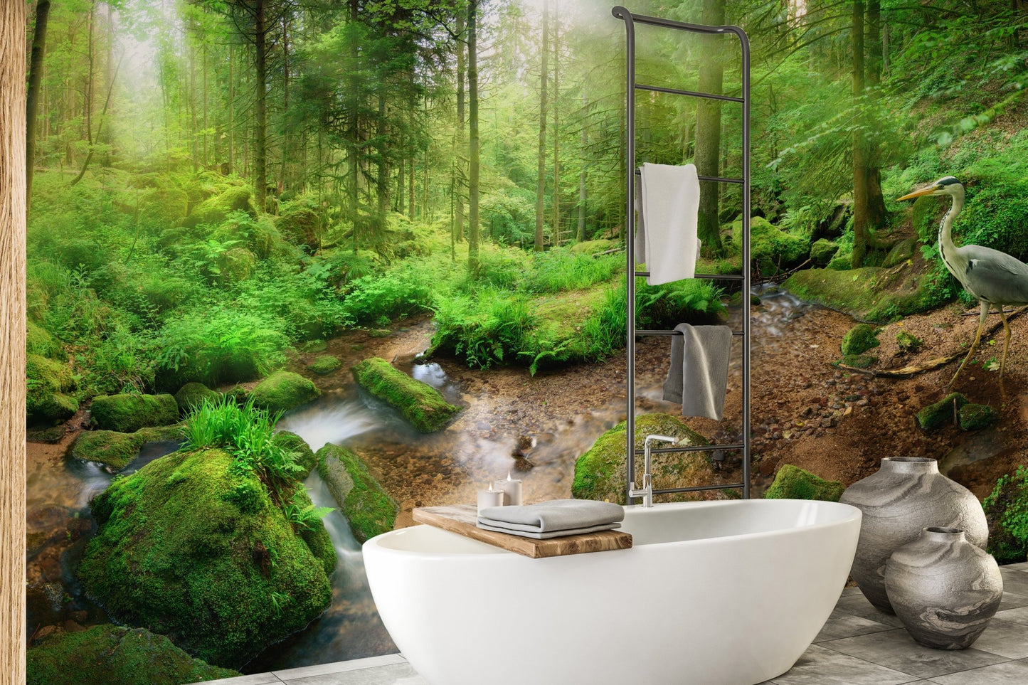 Nature themed heron wall mural in a bright bathroom with a white freestanding tub.