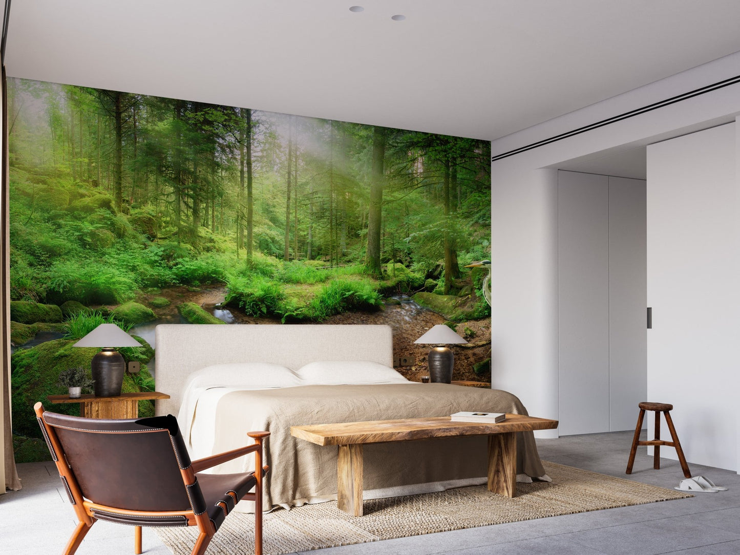Serene forest paradise wallpaper for a master bedroom with a large bed and side tables.