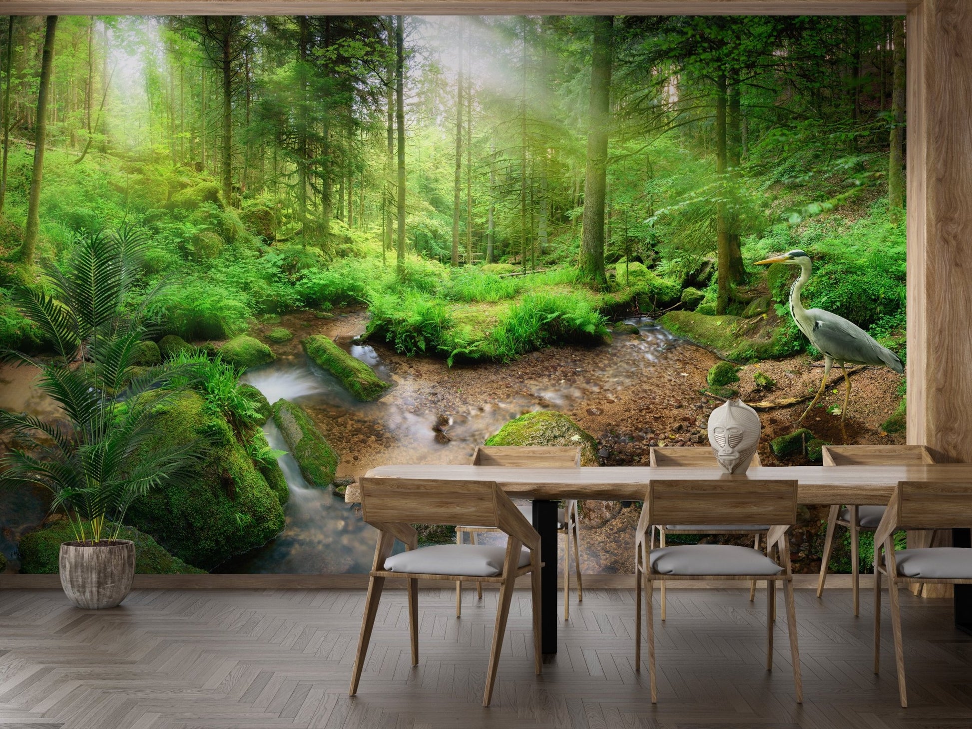 Nature landscape paradise wall mural in a dining area with a long wooden table and chairs.