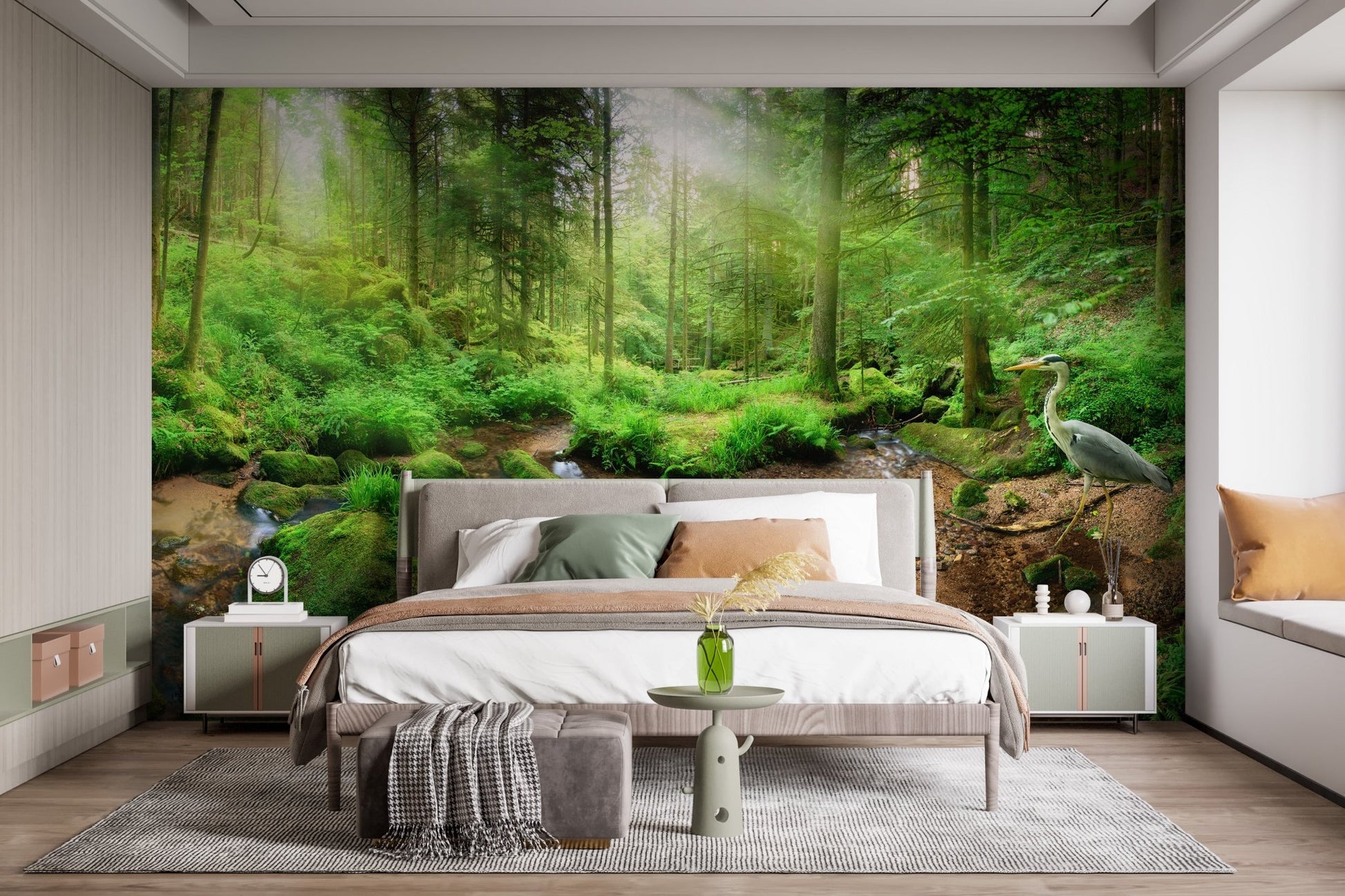 Realistic forest paradise wall mural in a contemporary bedroom with neutral bedding.