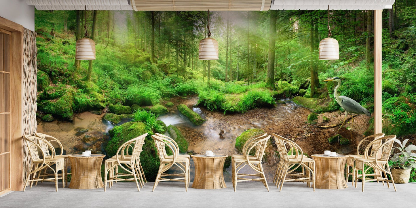 Long wall mural showing a lush green forest mural in a commercial cafe setting.