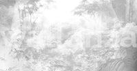 Wide view of a misty jungle wall mural on a flat surface.