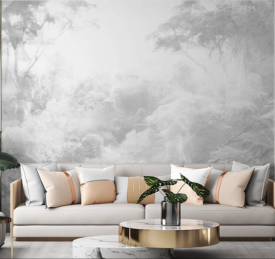 Modern living area with grey tropical jungle wall mural.