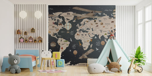 Minimalist bedroom featuring a dark world map wall mural and blue bedding.