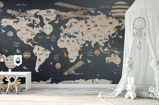 World map wall mural with vintage planes and hot air balloons in a nursery.