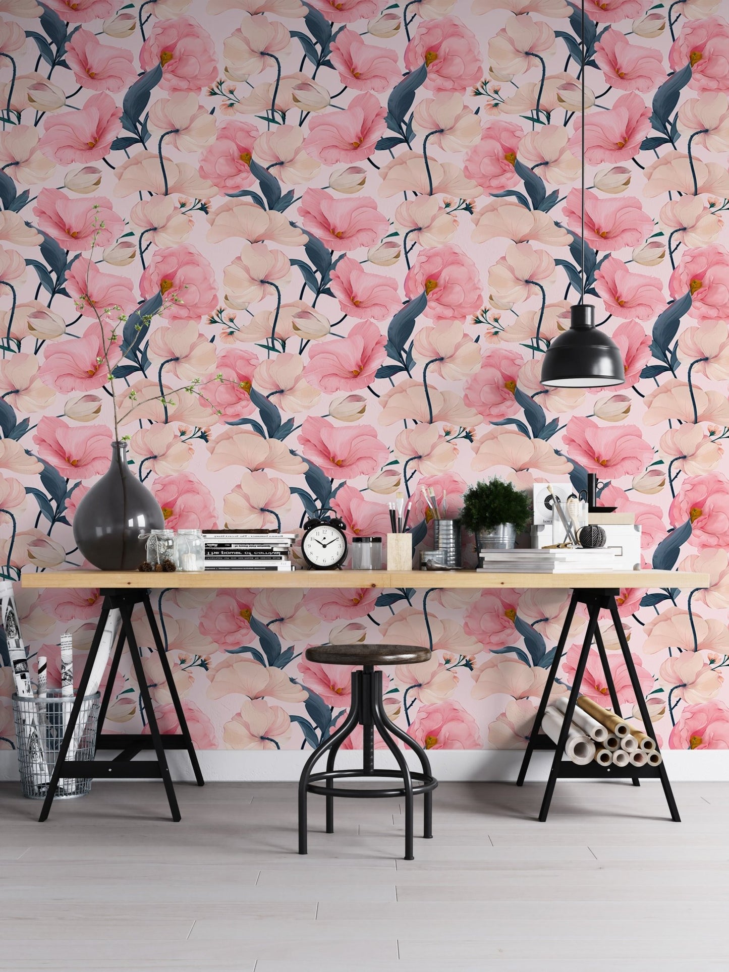 Eustoma pink floral watercolor wallpaper in a home office with a black trestle desk.