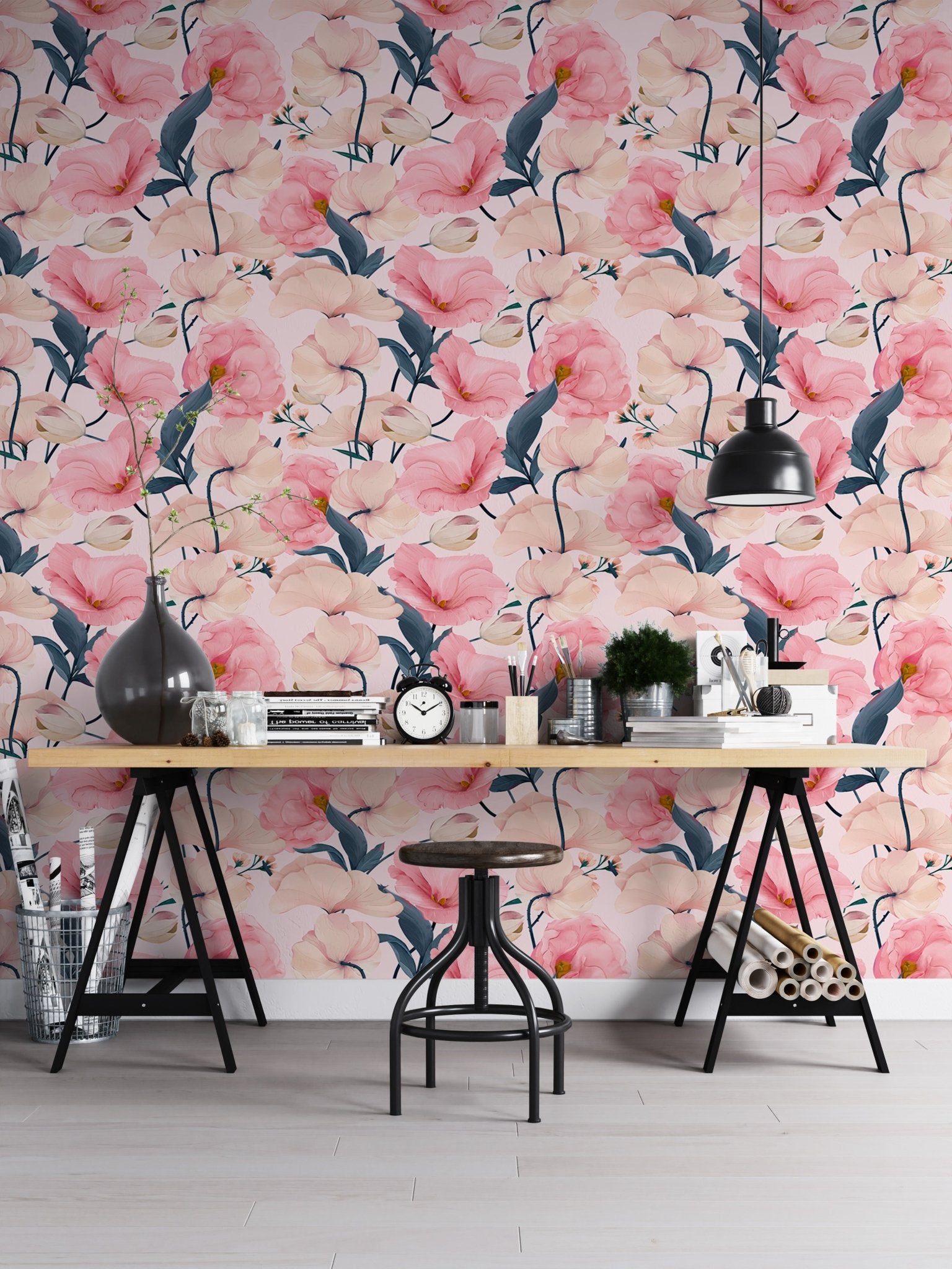 Eustoma pink floral watercolor wallpaper in a home office with a black trestle desk.