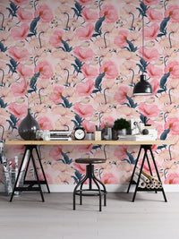 Eustoma pink floral watercolor wallpaper in a home office with a black trestle desk.