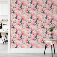 Pink flower wallpaper in a hallway with a small marble side table.