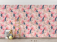 Eustoma pink floral watercolor wallpaper in a children's playroom with a wooden ladder.