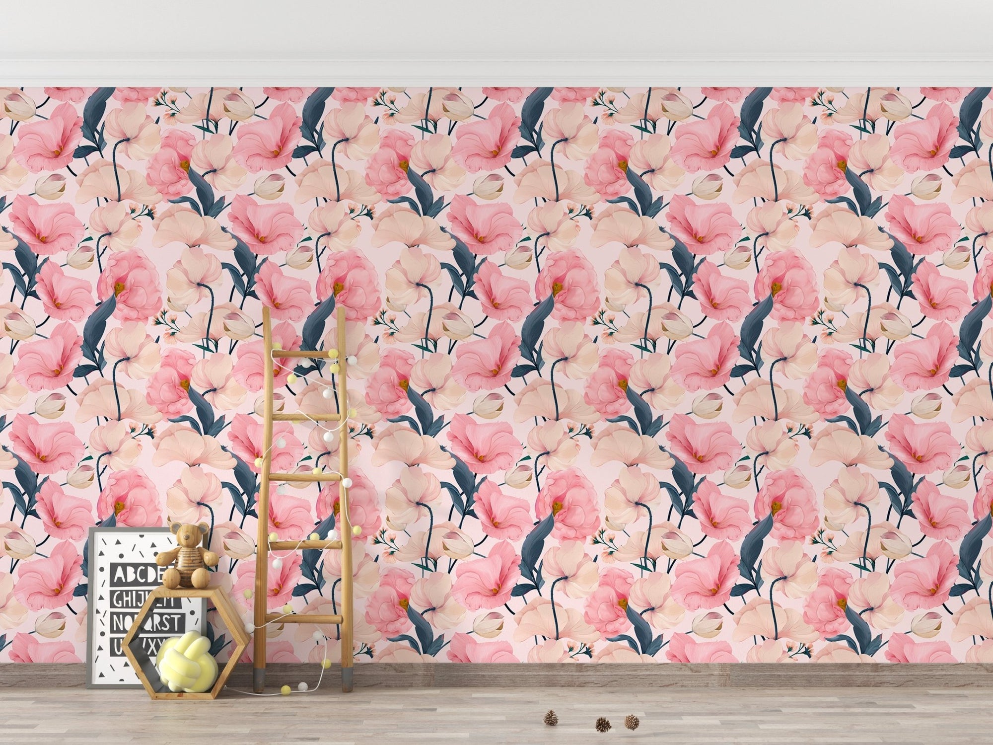 Eustoma pink floral watercolor wallpaper in a children's playroom with a wooden ladder.