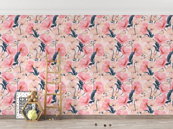 Eustoma pink floral watercolor wallpaper in a children's playroom with a wooden ladder.