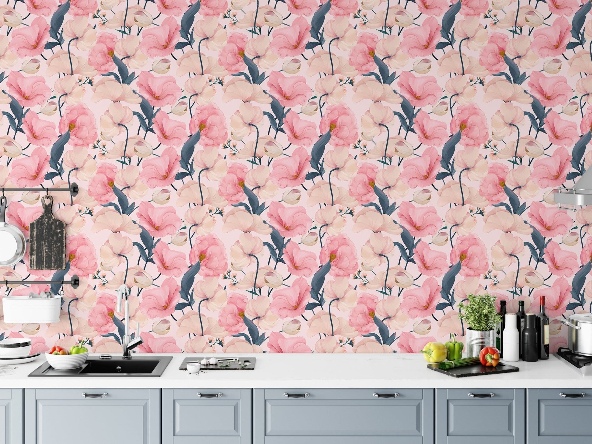 Flower wallpaper splashback in a white kitchen with minimalist cabinets.