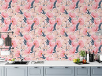Flower wallpaper splashback in a white kitchen with minimalist cabinets.