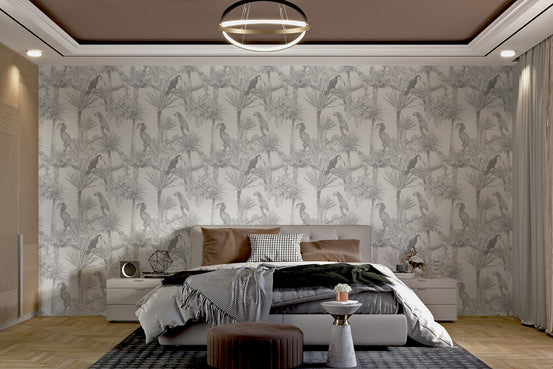 Vibrant wallpaper mural featuring an exotic bird paradise for bedroom wall.