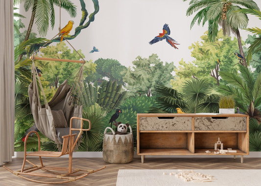 Tropical birds wall mural featuring yellow macaws and lush trees.