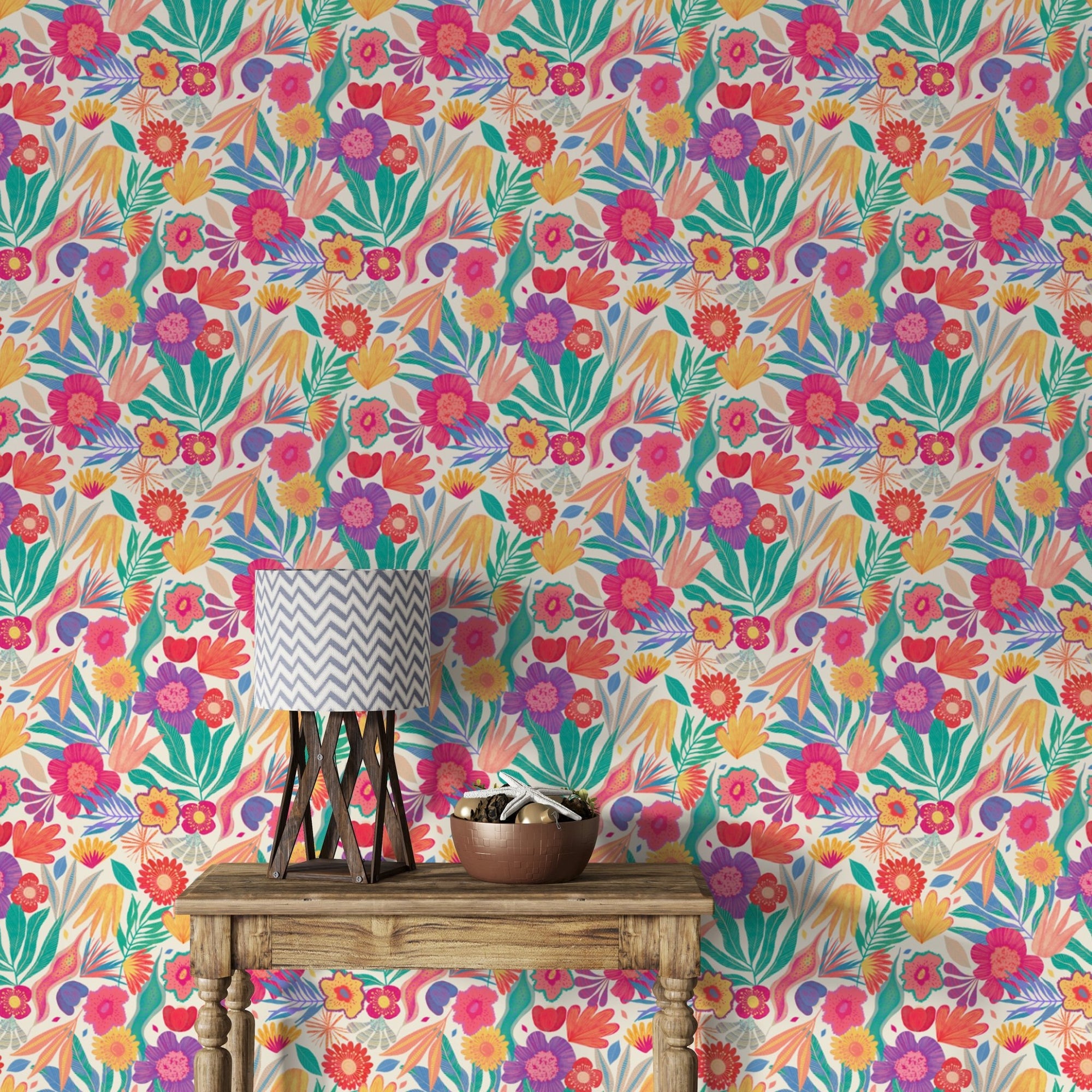 Exotic blooms wallpaper mural with vibrant pink and teal floral patterns.