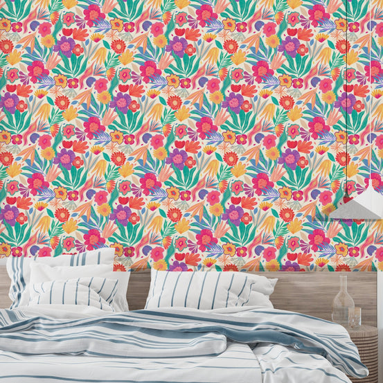 Colorful botanical exotic wall mural featuring hand-drawn tropical leaf illustrations.