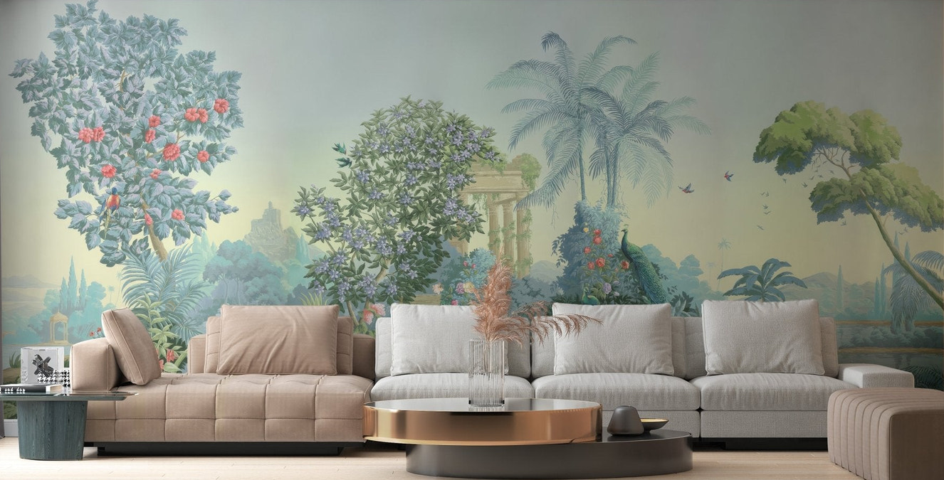 Sophisticated floral wallpaper with blue and green nature scene wall mural.