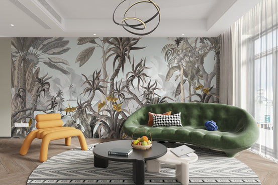 Exotic botanicals wallpaper mural in muted gray jungle design.