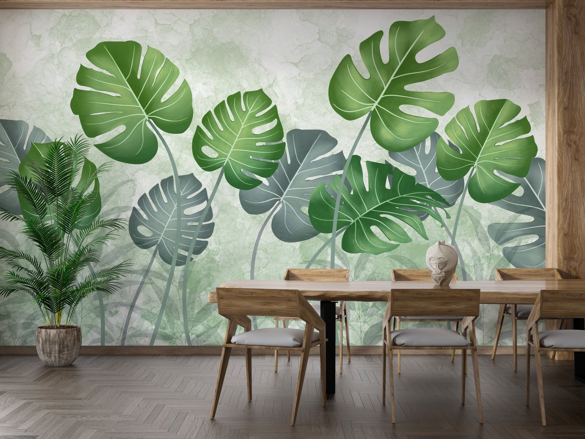 Natural leaf pattern wall mural for a serene dining room.