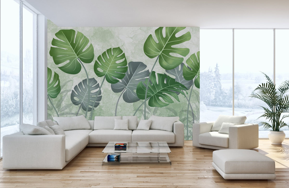 Exotic Canopy Leaves wall mural design in a bright home interior.