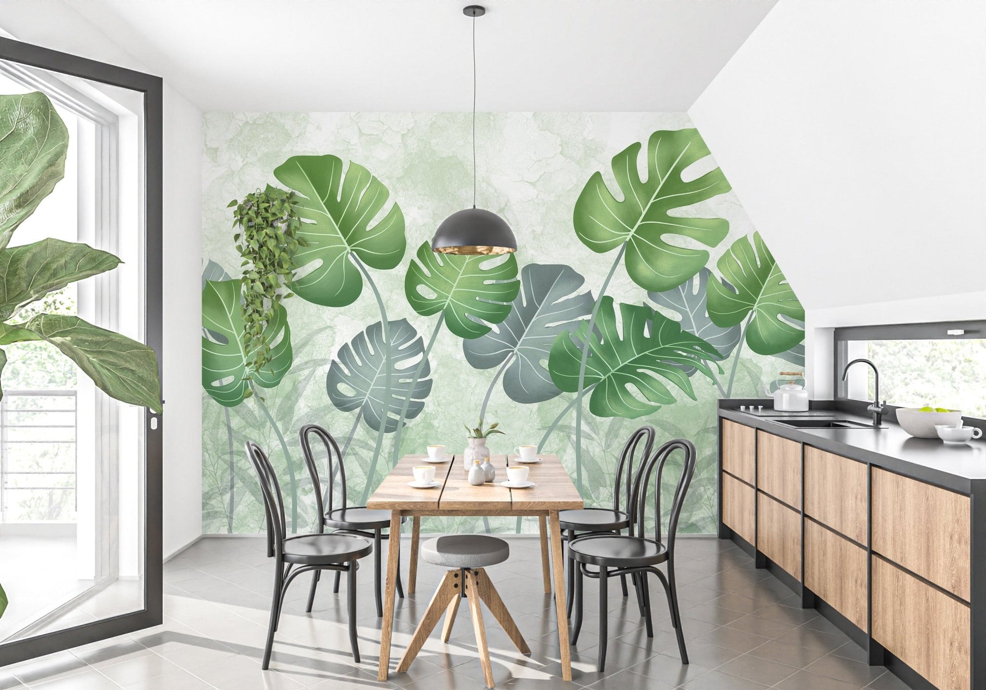 Modern kitchen wall decor featuring an Exotic Canopy Leaves mural.