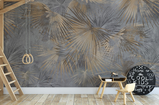 Artistic palm leaf wallpaper in muted gray and sand shades.