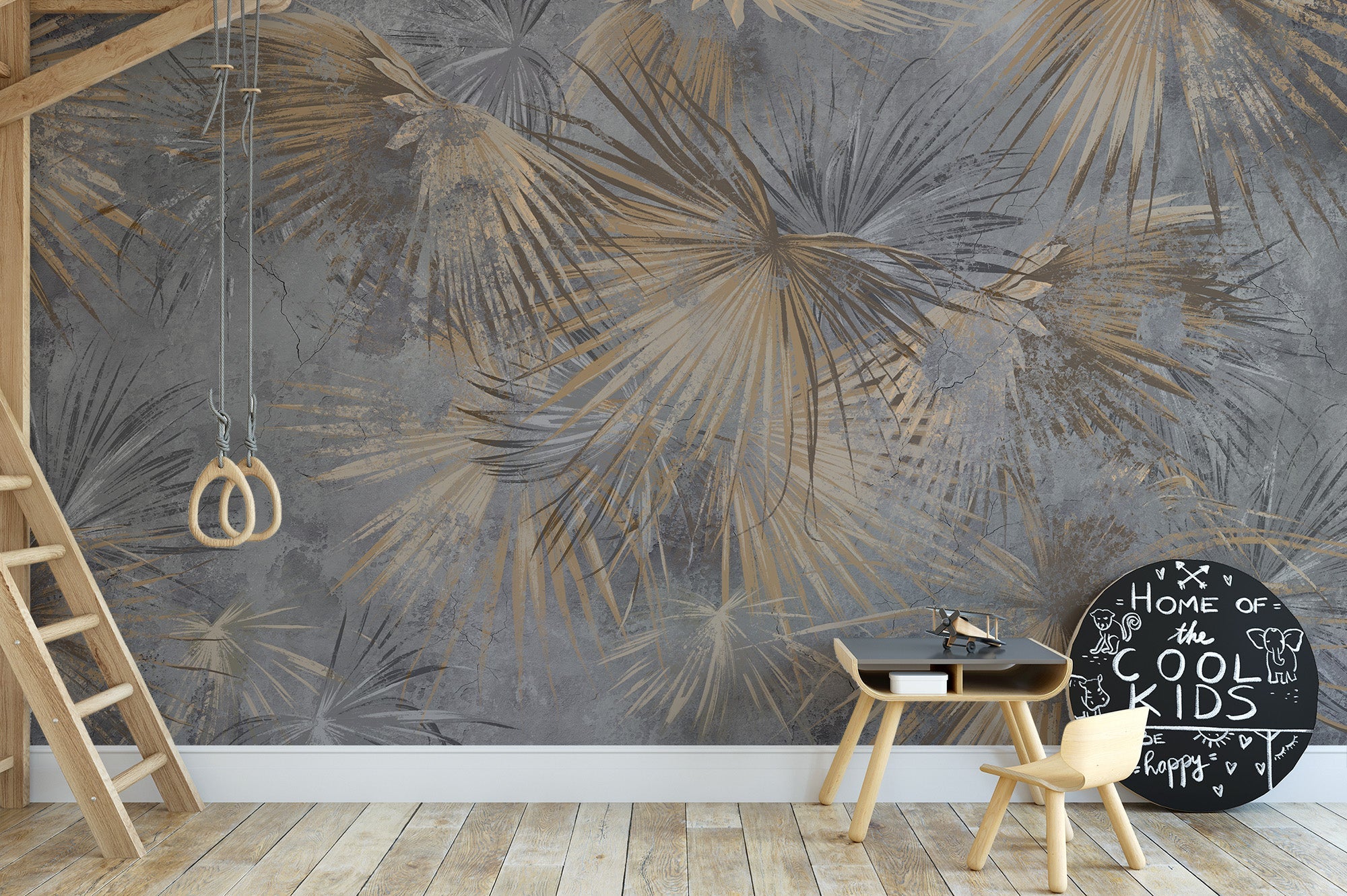 Artistic palm leaf wallpaper in muted gray and sand shades.
