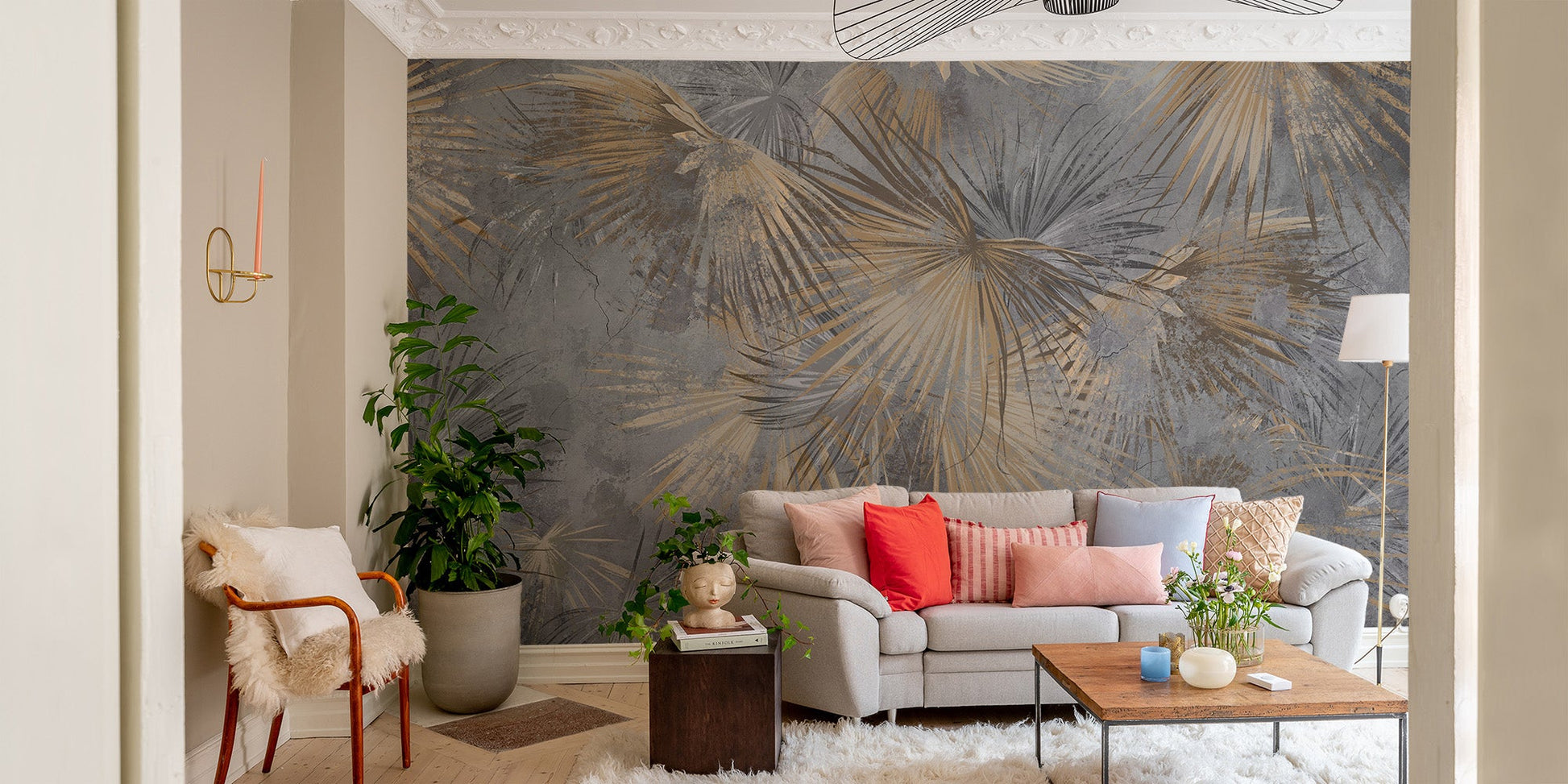 Statement tropical foliage wallpaper with textured concrete effect.
