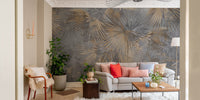 Statement tropical foliage wallpaper with textured concrete effect.