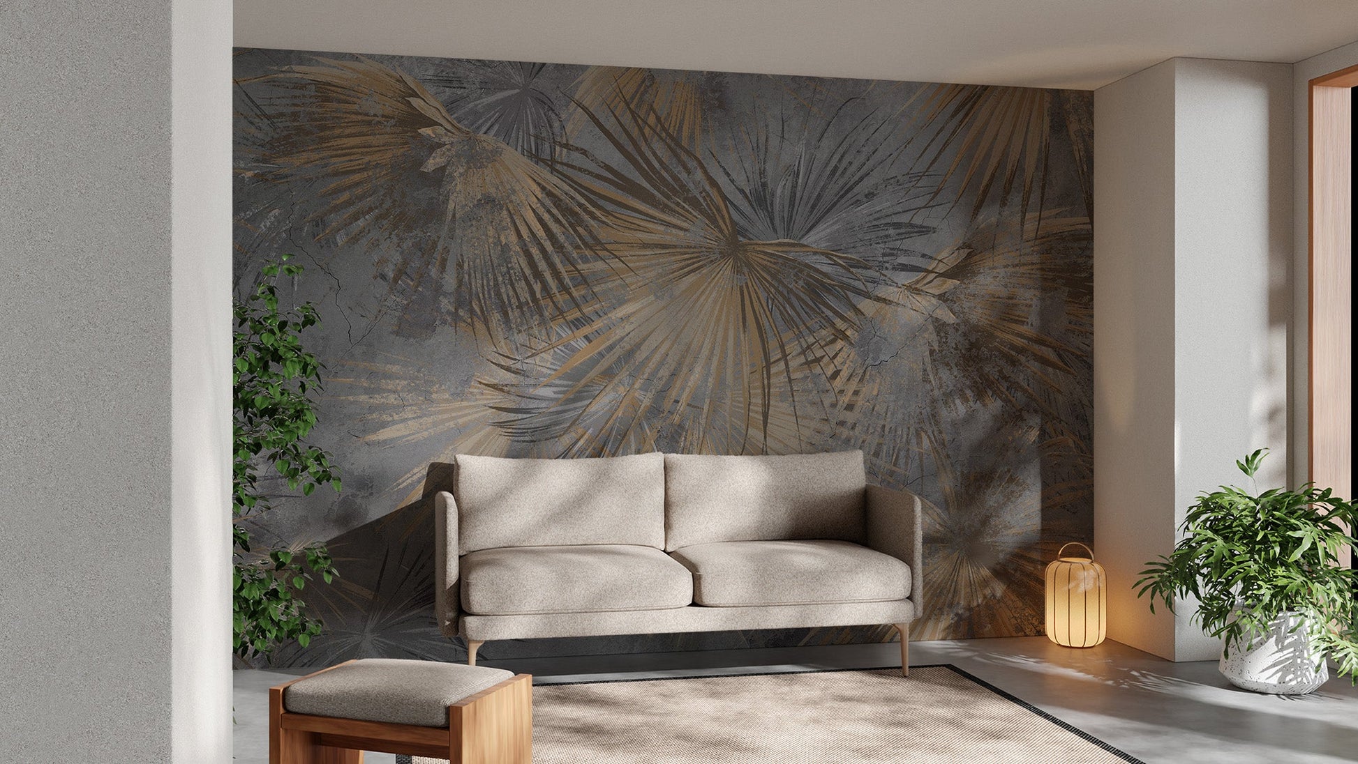 Abstract exotic foliage wallpaper in smoky gray color palette.