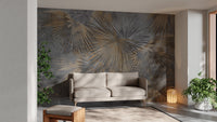 Abstract exotic foliage wallpaper in smoky gray color palette.