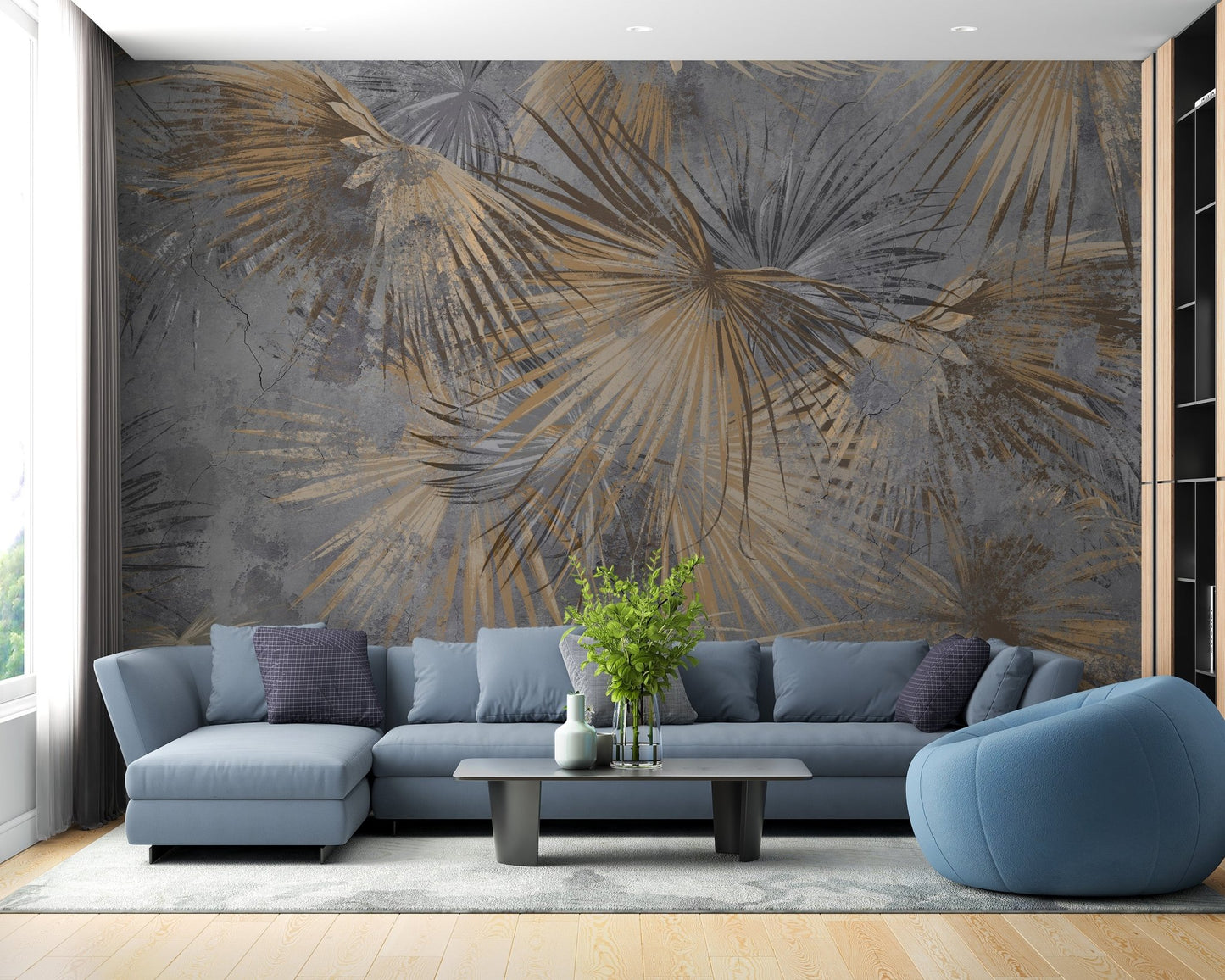 Exotic foliage grunge wall mural with modern tropical pattern.
