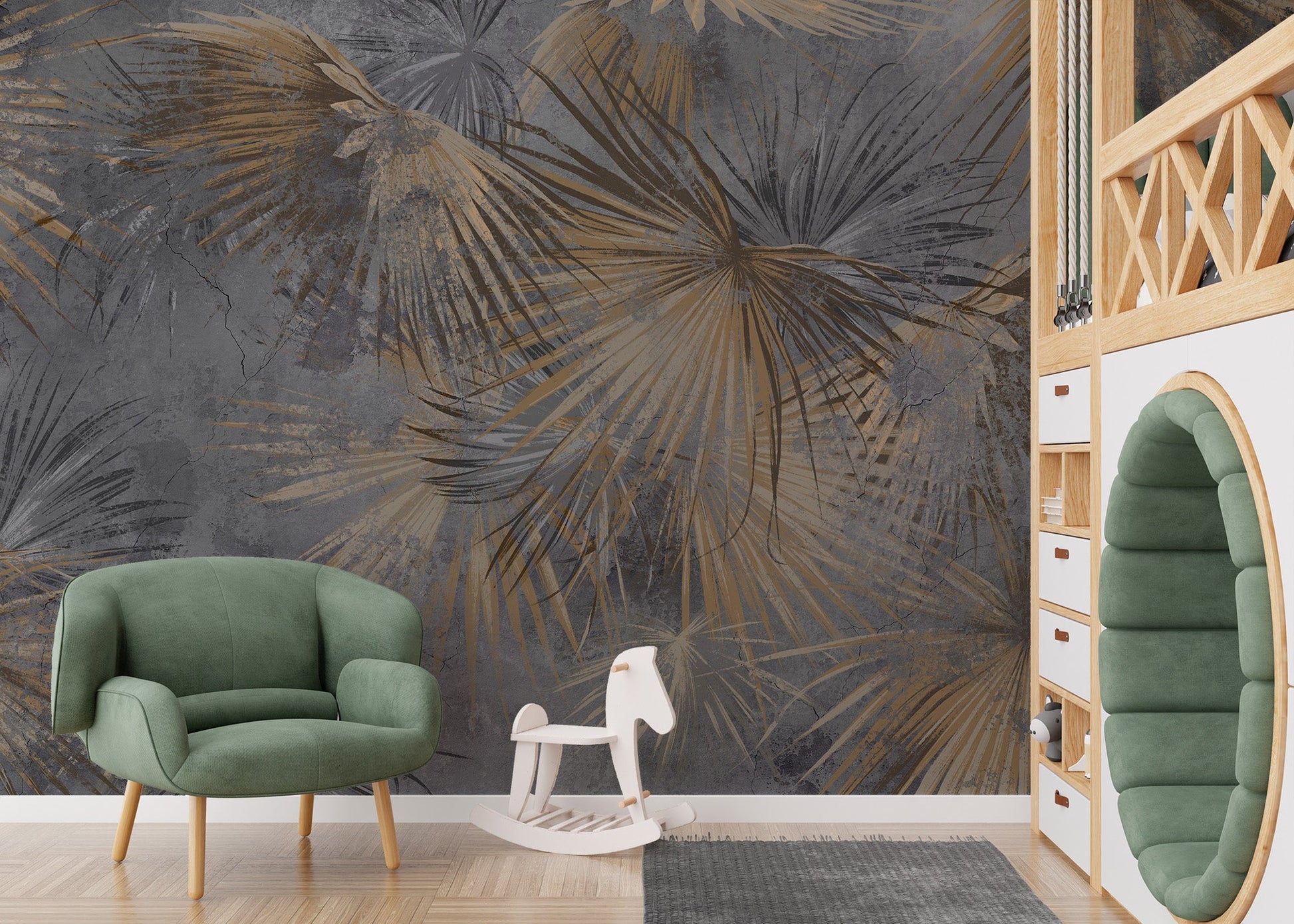 Rustic grunge palm leaf wall mural in warm bronze color.