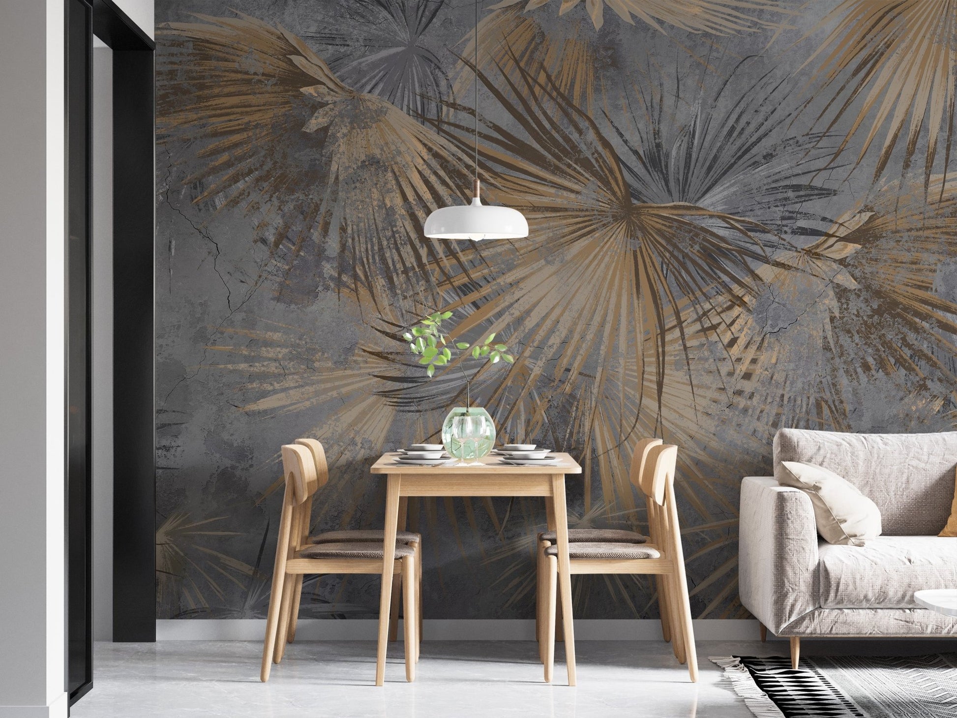 Grunge style botanical wallpaper with layered palm fronds.