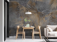 Grunge style botanical wallpaper with layered palm fronds.