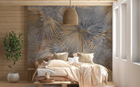 Textured tropical leaf wall mural in gray and bronze color tones.