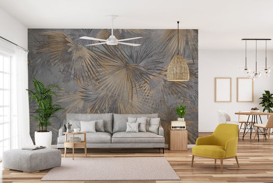 Modern tropical foliage wall mural on concrete texture background.