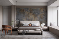 Metallic inspired palm wallpaper in gray and gold tones.
