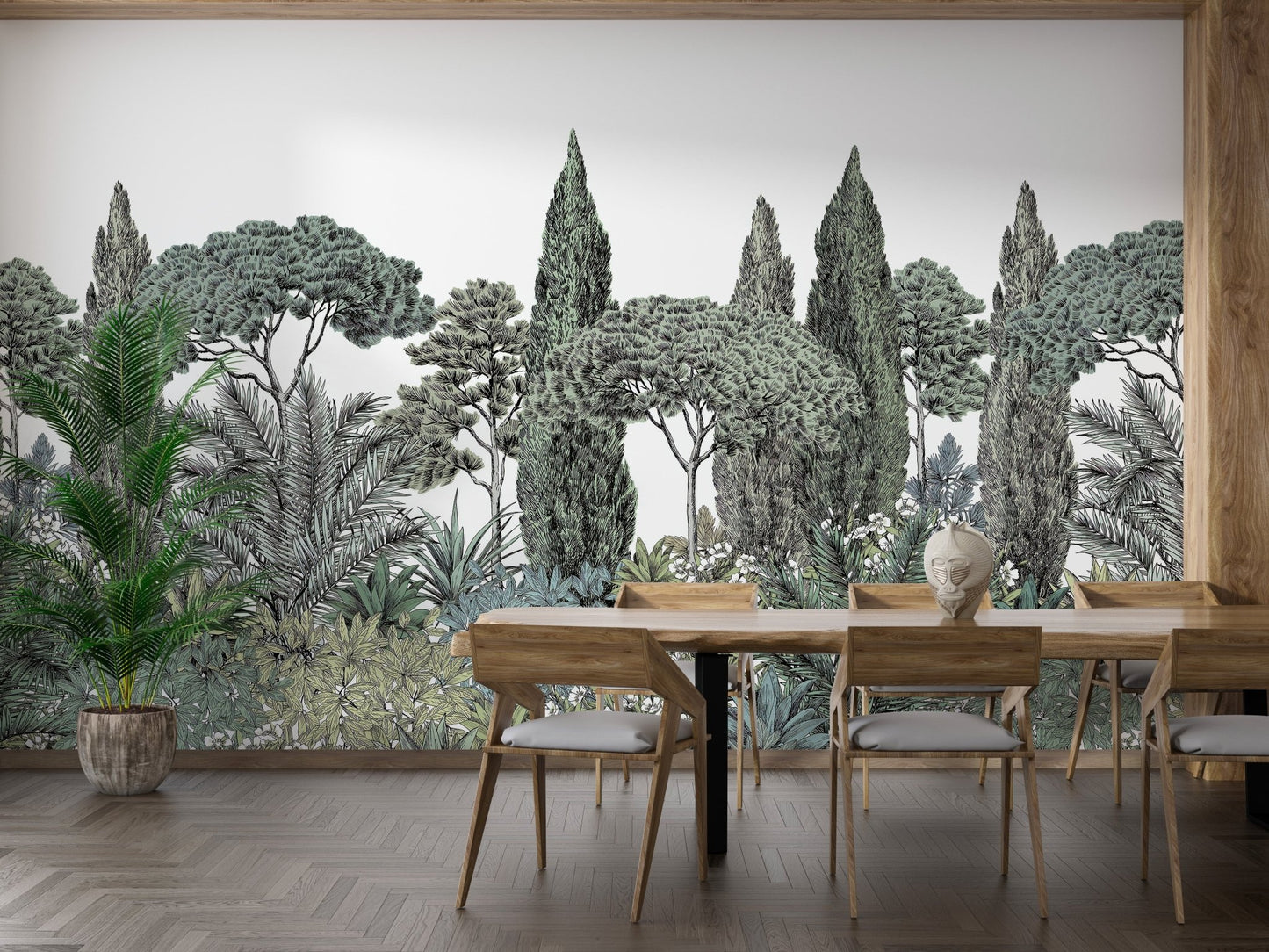 Exotic jungle mural in lush green tones in a dining space.