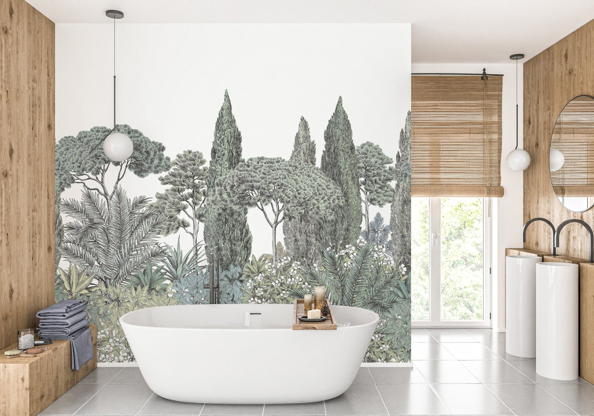 Greenery-rich mural of a tropical jungle scene in a bathroom.